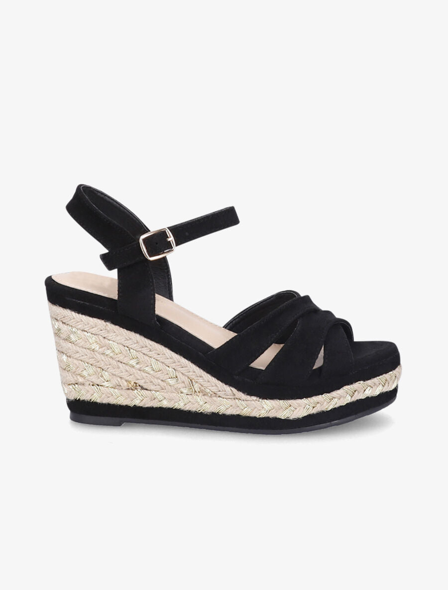 Sandales à talon compensé en raphia irisé - Noir - 1
