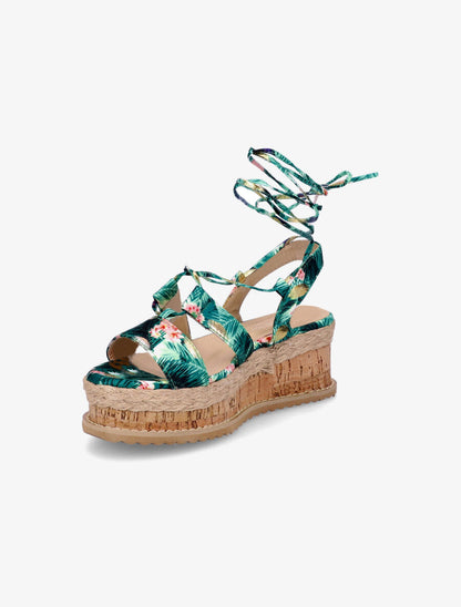 Sandales compensées imprimé fleuri à liens - Vert - 4