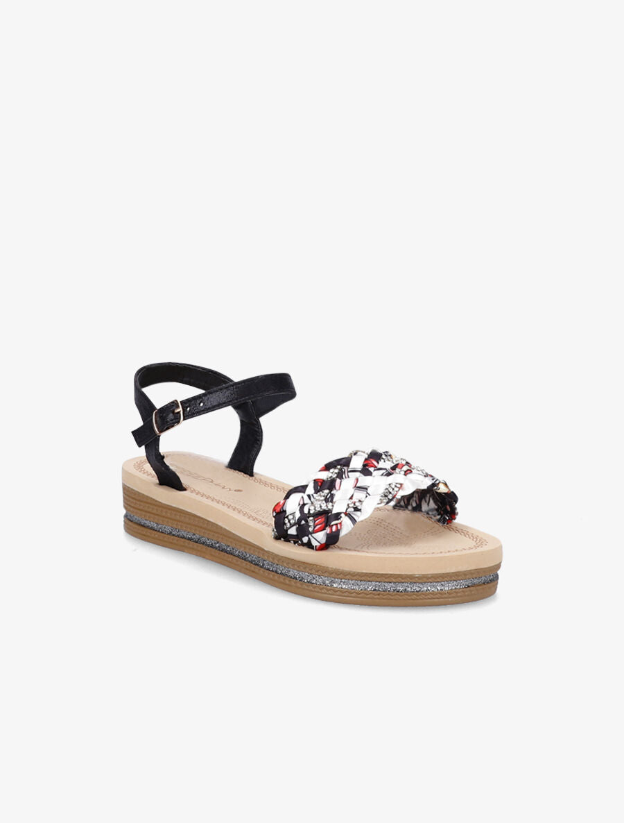 Nu-pieds tressés bi-matière à strass - Noir - 1