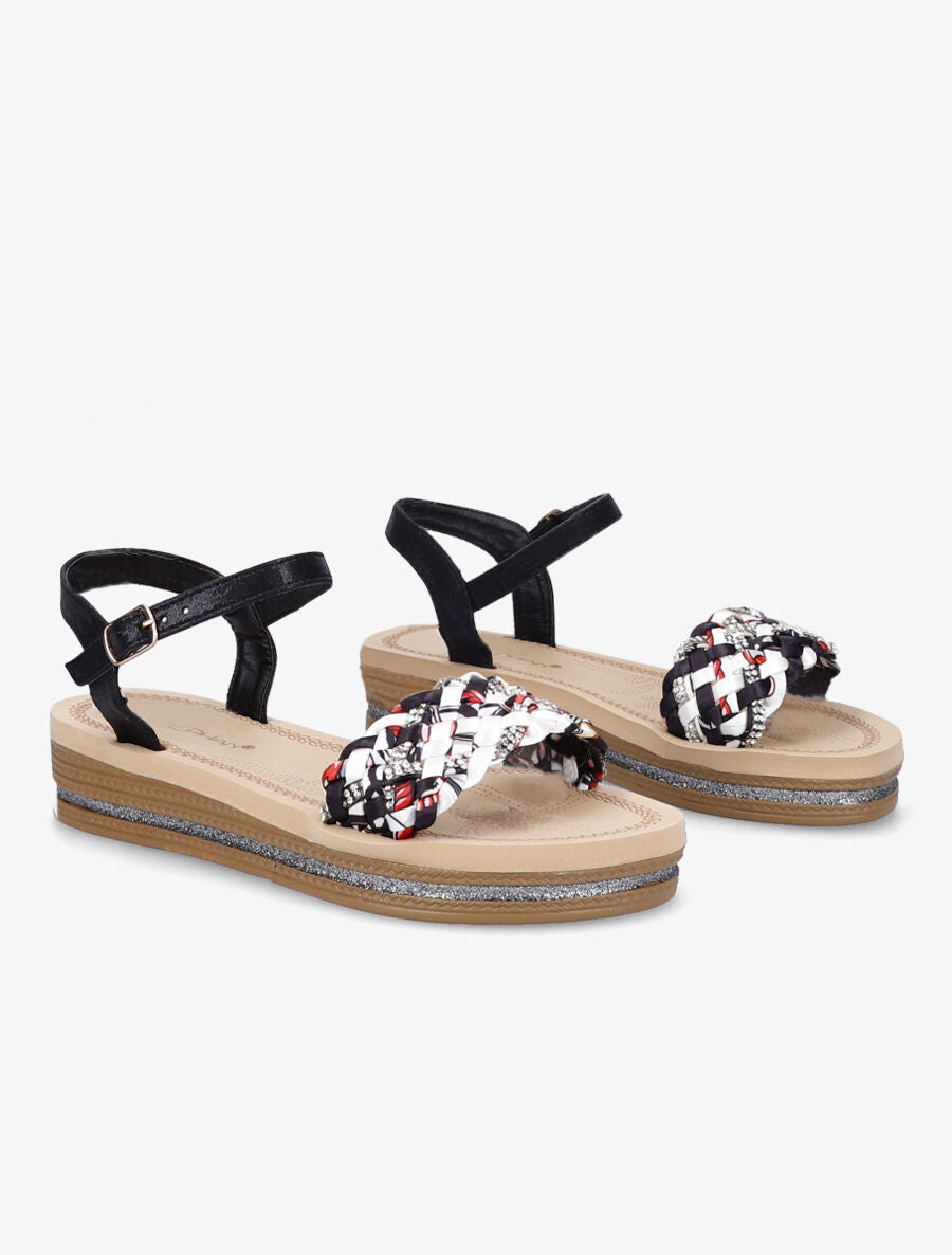 Nu-pieds tressés bi-matière à strass - Noir - 4