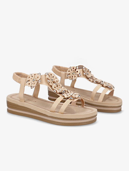 Nu-pieds à fleurs ornées de strass - Beige - 4