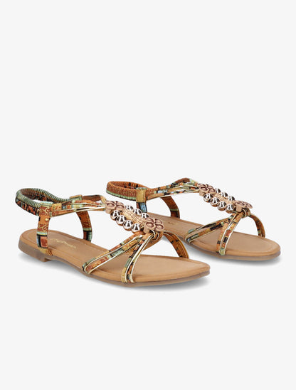 Nu-pieds imprimés à empiècements en bois - Camel/vert - 4