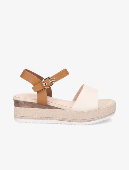 Sandales bi-matière à talon compensé - Beige - 6