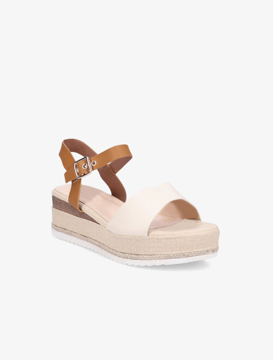 Sandales bi-matière à talon compensé - Beige - 2