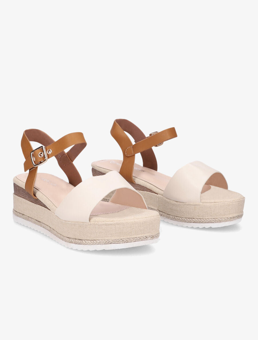 Sandales bi-matière à talon compensé - Beige - 4