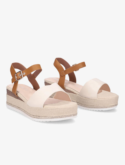 Sandales bi-matière à talon compensé - Beige - 4
