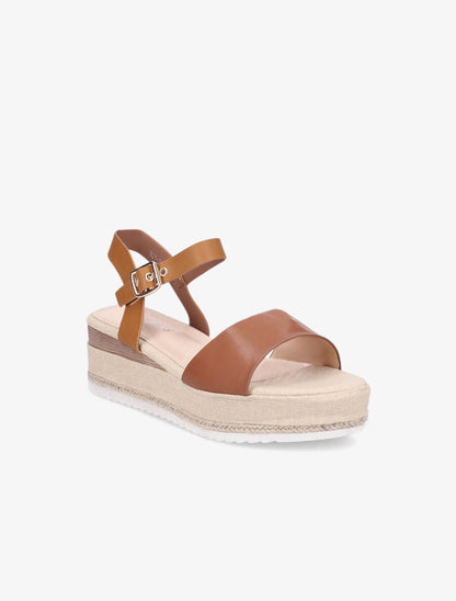 Sandales bi-matière à talon compensé - Camel - 2