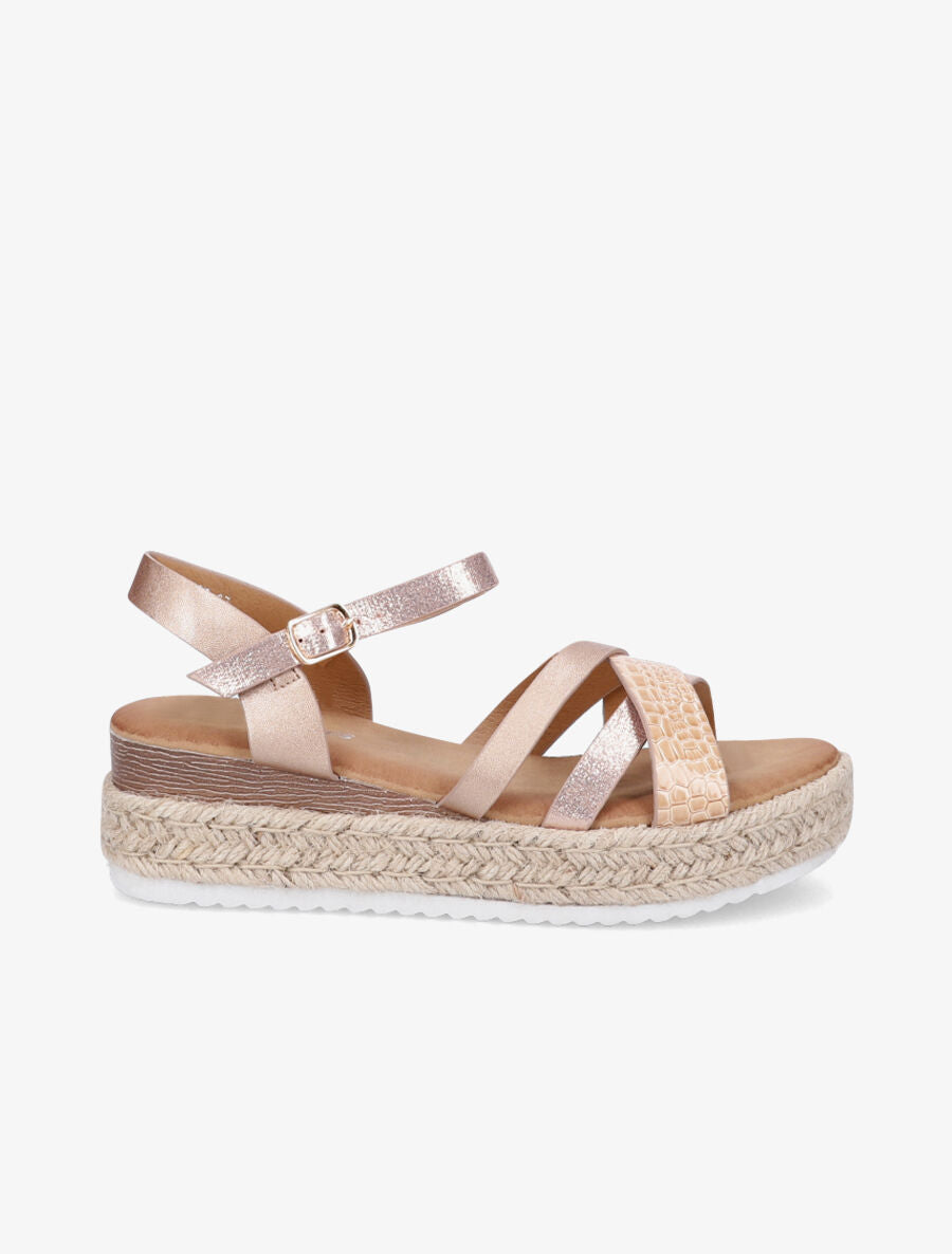 Sandales irisées à talon compensé en raphia - Rose gold - 5