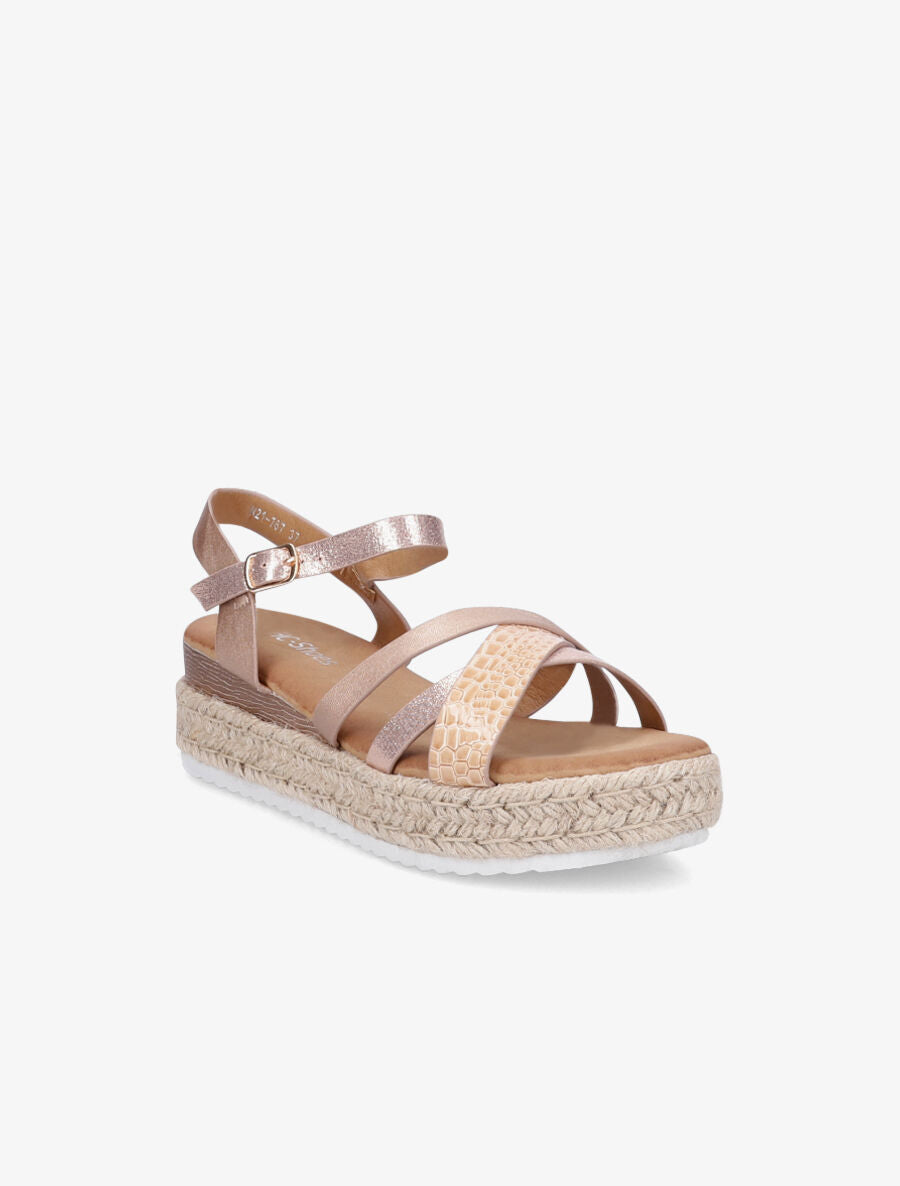 Sandales irisées à talon compensé en raphia - Rose gold - 2