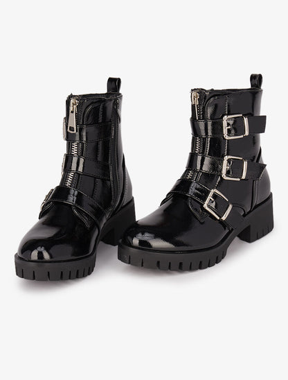Bottines vernies à brides décoratives - Noir - 5
