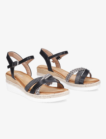 Sandales compensées à brides irisées et tressées - Noir - 4
