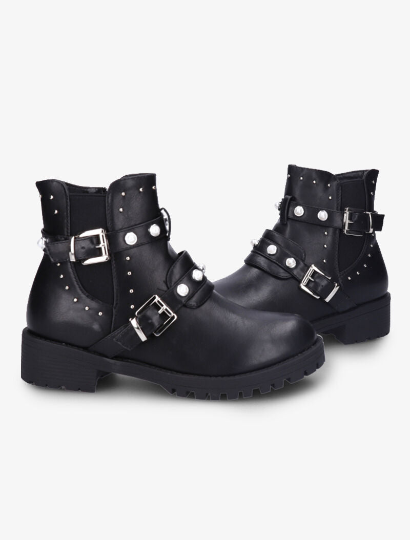 Bottines à sangles perlées et clous - Noir - 5