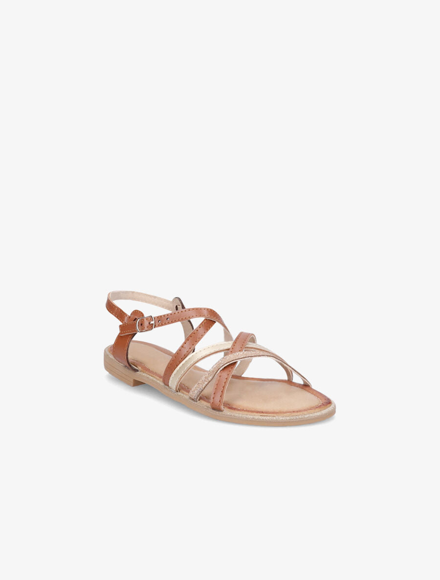 Nu-pieds en simili à ganses entrelacées irisées - Camel - 2