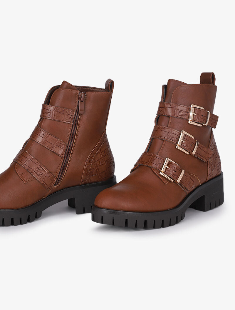 Bottines bi-matière à triple brides - Marron - 4