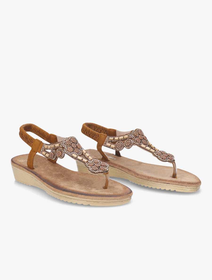 Sandales compensées ornées de perles et strass - Camel - 4