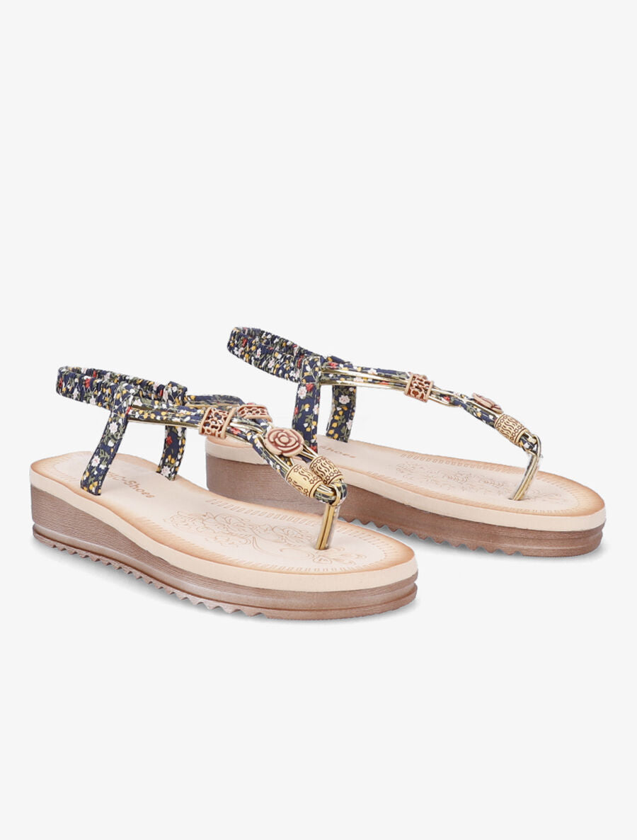 Sandales compensées imprimées à empiècements bois - Bleu - 4