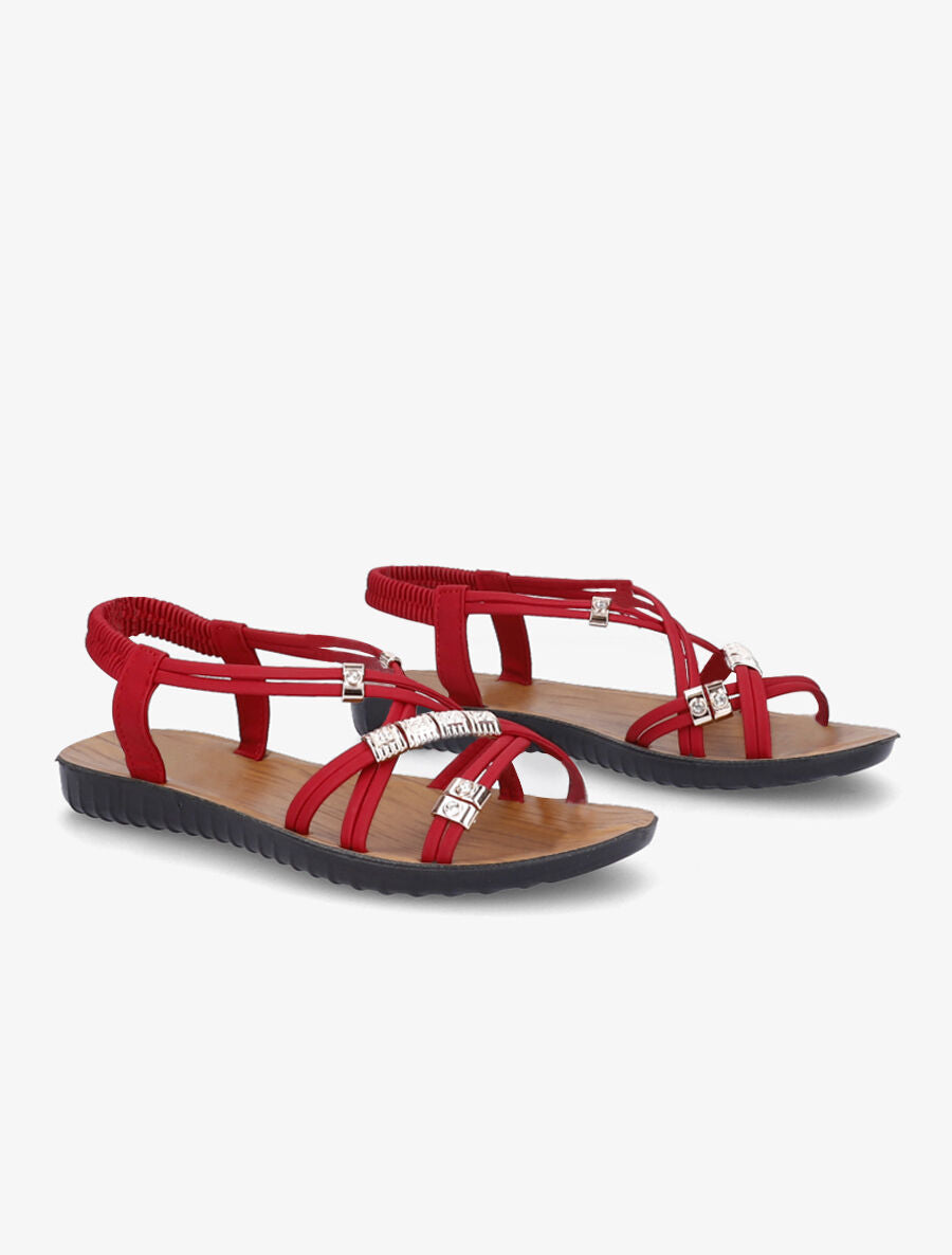 Nu-pieds à brides entrelacées ornées de bijoux et de strass - Rouge - 5