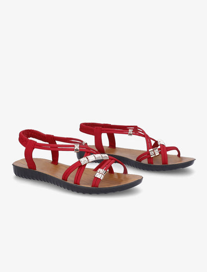 Nu-pieds à brides entrelacées ornées de bijoux et de strass - Rouge - 5