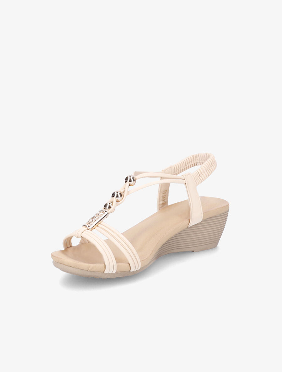 Sandales compensées à empiècements dorés - Beige - 4