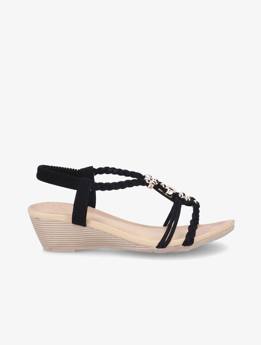 Sandales compensées tressées ornées de bijoux dorés - Noir - 5
