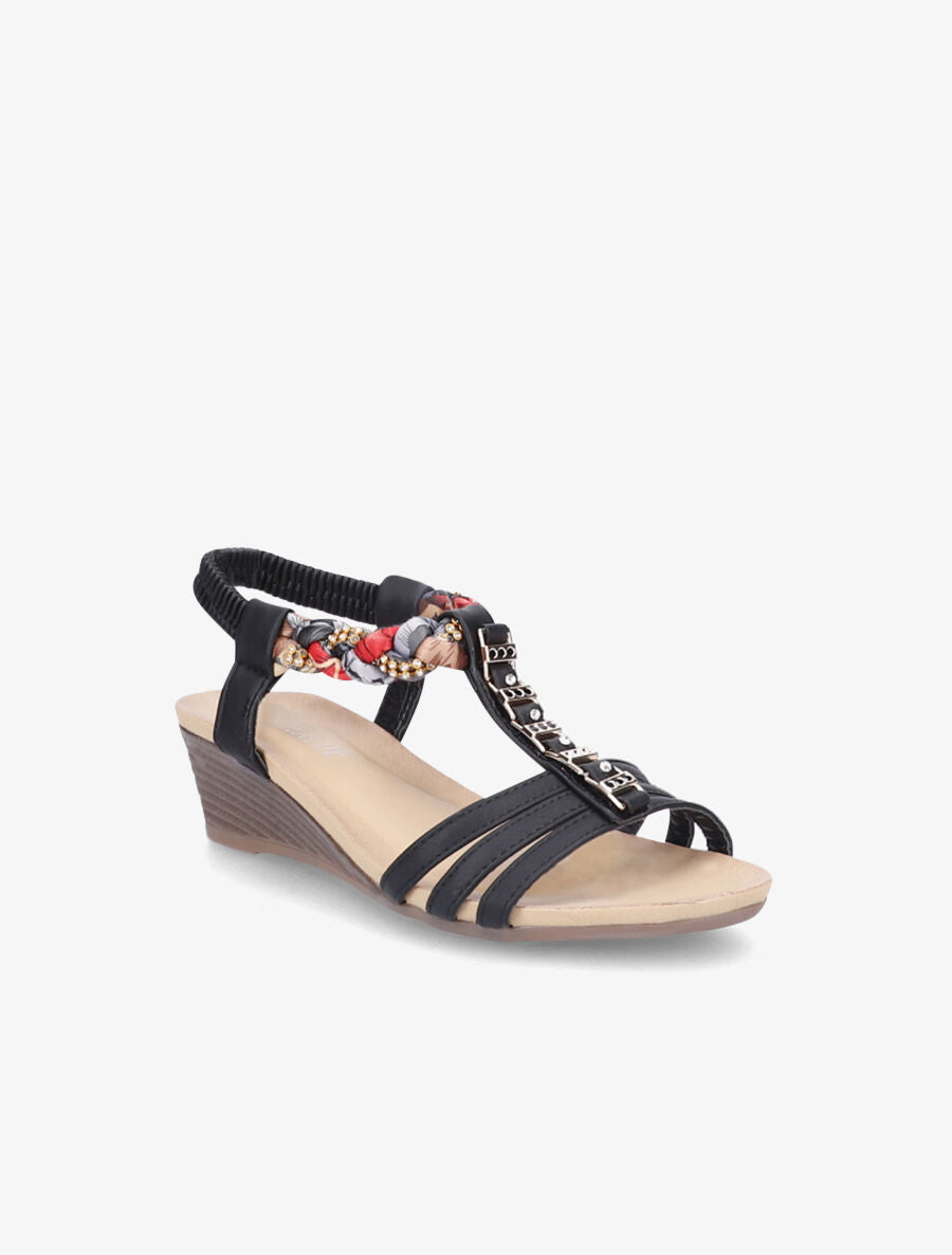 Sandales imprimées ornées de bijoux dorés et strass - Noir - 2