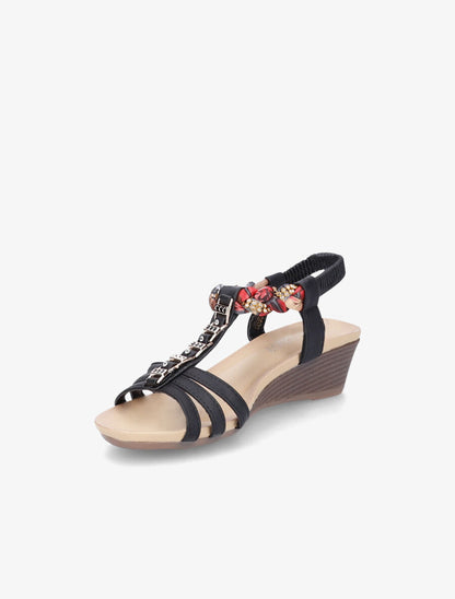 Sandales imprimées ornées de bijoux dorés et strass - Noir - 3