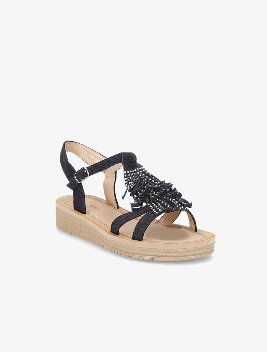 Nu-pieds en suédine à franges et strass - Noir - 2