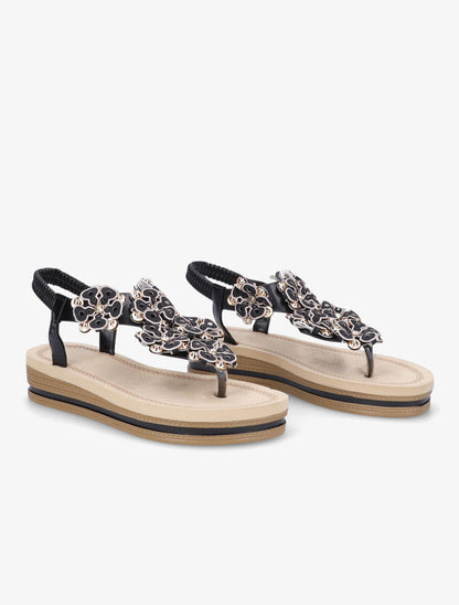 Nu-pieds à fleurs ornées de strass - Noir - 4
