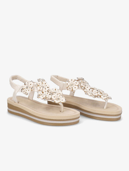 Nu-pieds à fleurs ornées de strass - Beige - 4