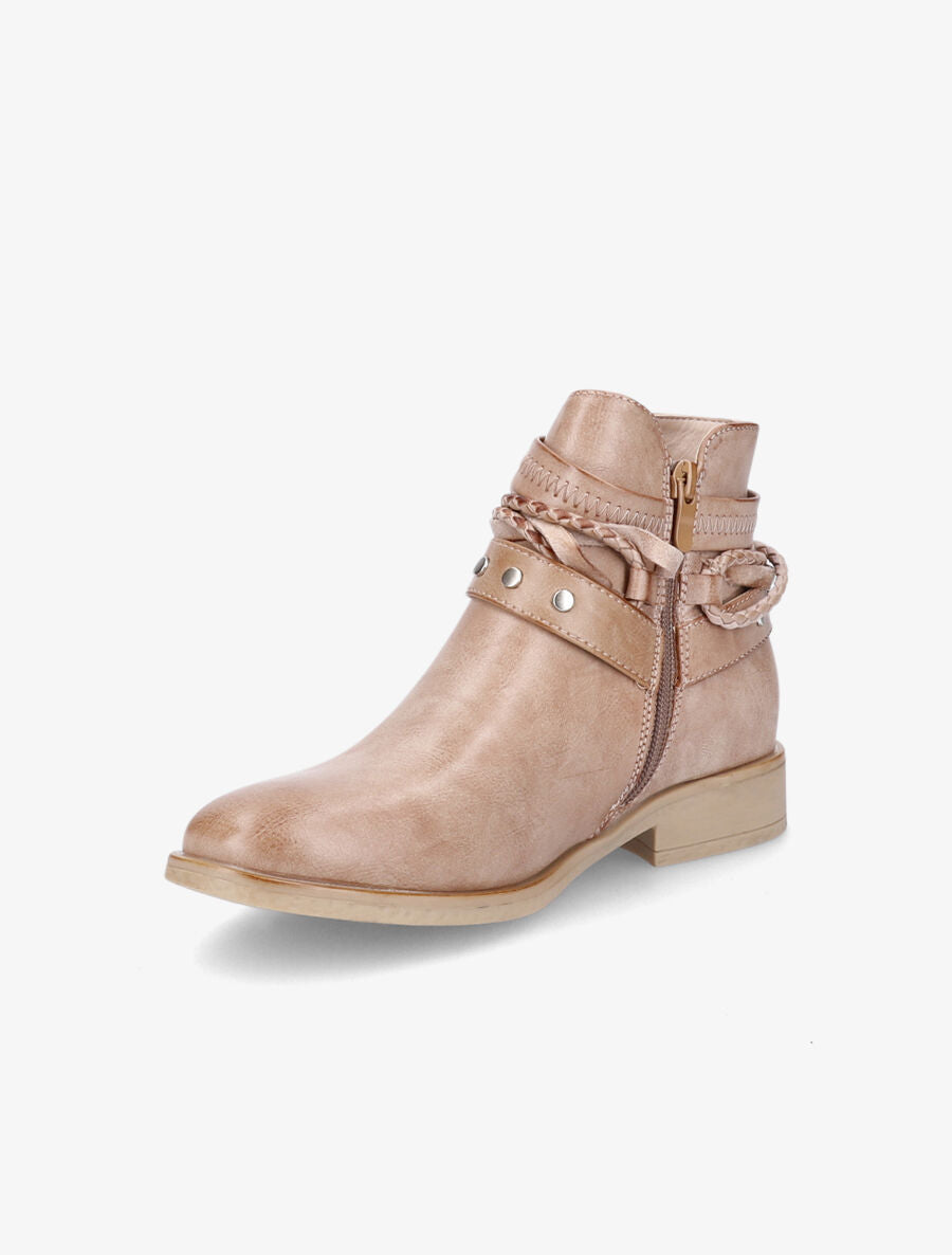 Bottines à sangles cloutées et tressées - Camel - 3