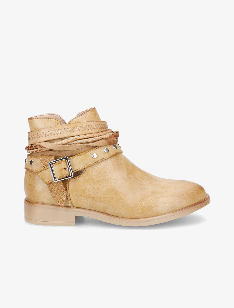 Bottines à sangles cloutées et tressées - Moutarde - 5