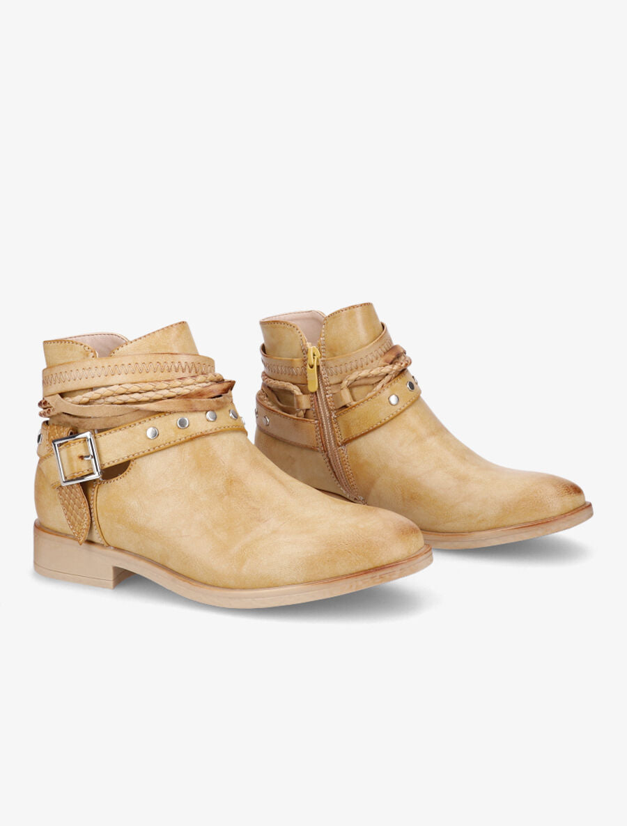 Bottines à sangles cloutées et tressées - Moutarde - 4
