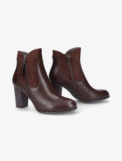 Bottines à talon en simili et suédine - Marron - 4