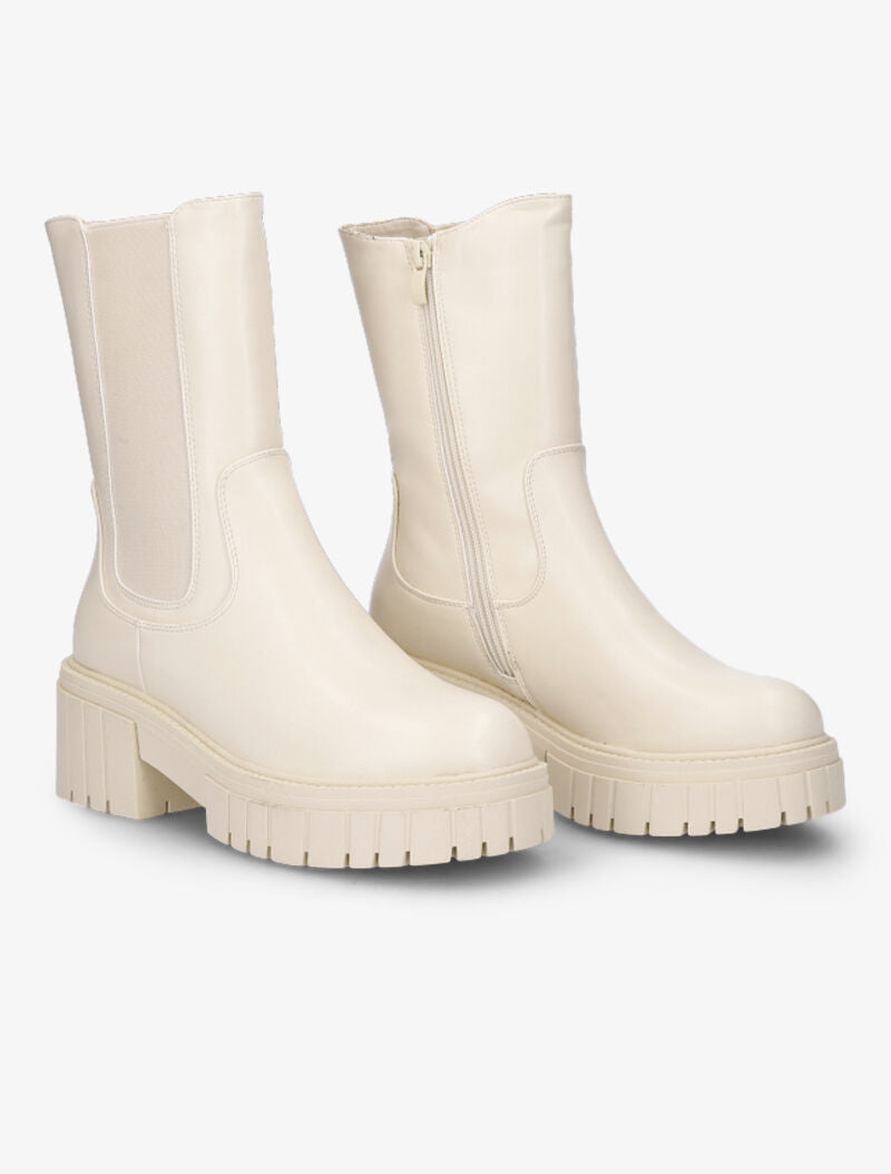 Bottines style motard à talons strillés et semelle crantées - Écru - 1
