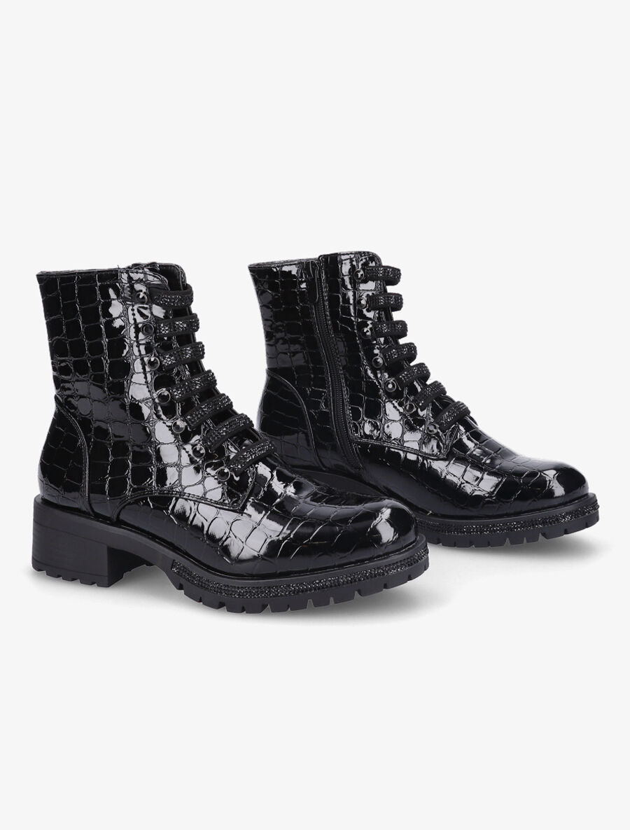 Boots montantes effet croco verni - Noir - 4