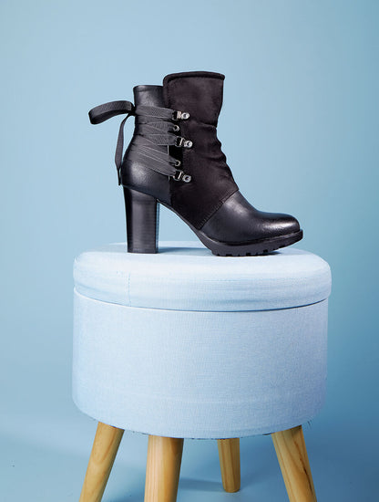 Bottines bi-matière à contrefort à lanières et à strass - Noir - 5