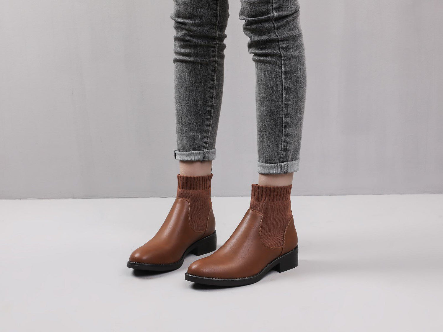 Bottines bi-matière style chaussette - Camel - 5