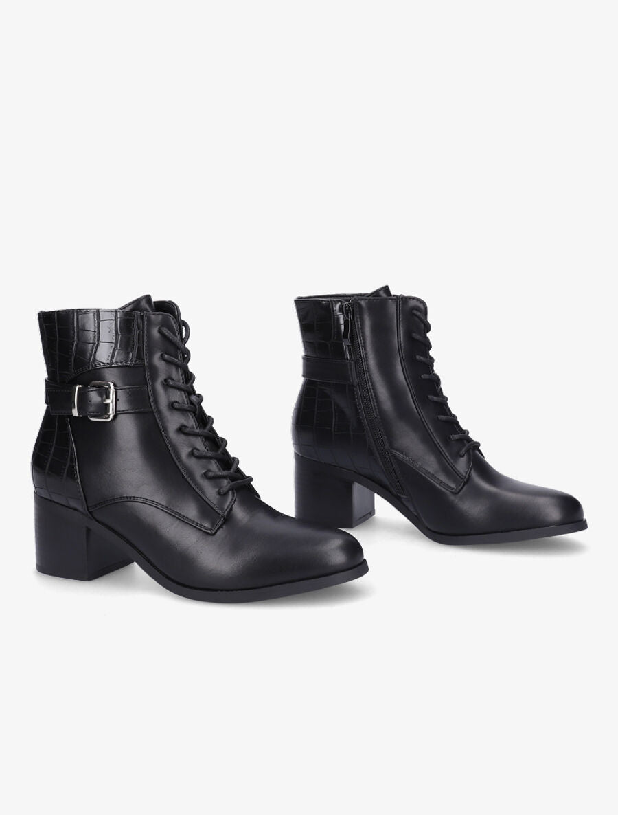 Bottines lacées à contrefort croco - Noir - 4