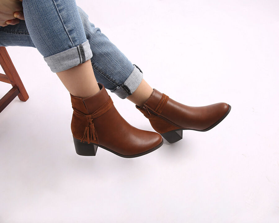 Bottines bi-matière à pompon - Camel - 5