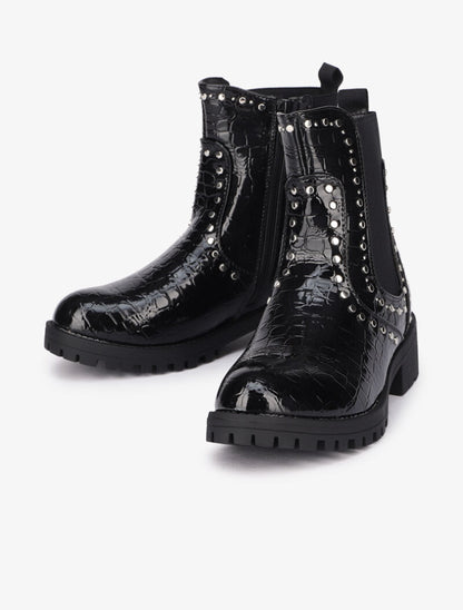 Bottines vernies et cloutées effet croco - Noir - 1