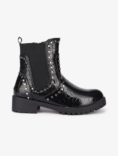 Bottines vernies et cloutées effet croco - Noir - 2