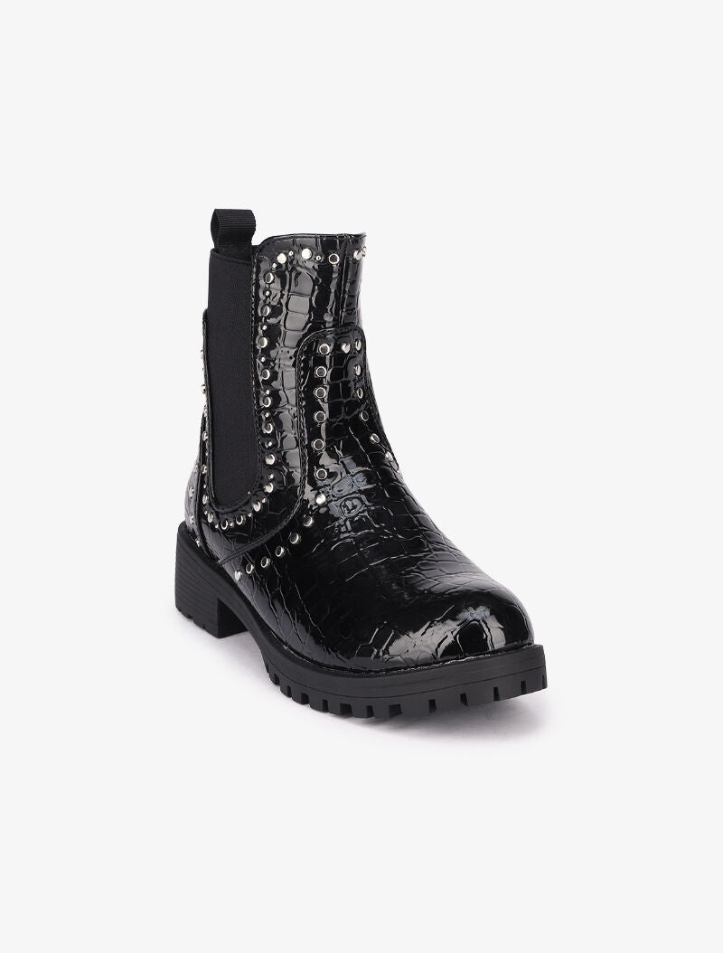 Bottines vernies et cloutées effet croco - Noir - 3