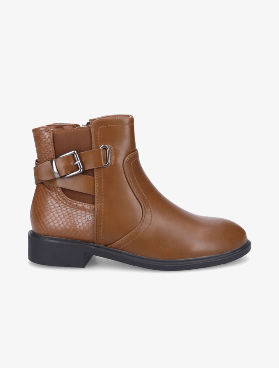 Bottines plates à contrefort effet python et sangles - Camel - 1