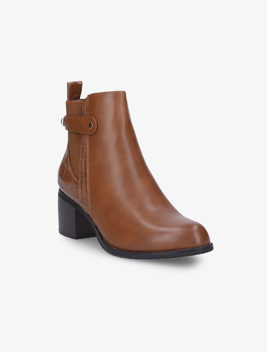 Bottines à talon et contrefort effet croco - Camel - 2