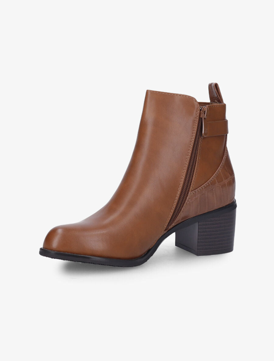 Bottines à talon et contrefort effet croco - Camel - 3