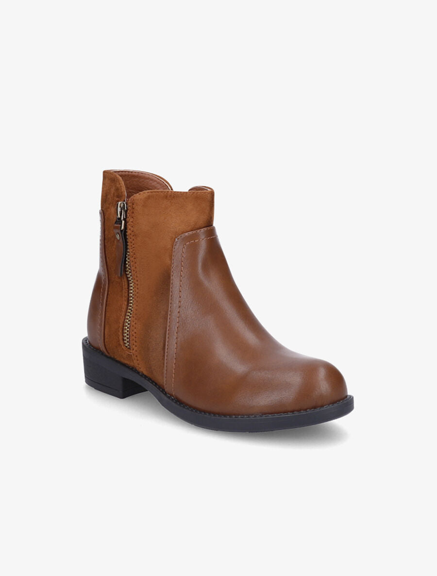 Bottines bimatière à double zips - Camel - 2