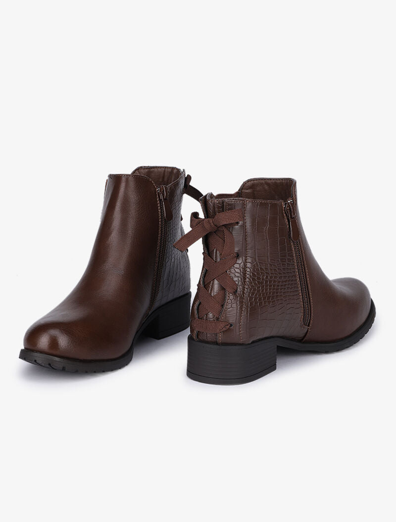 Bottines plates en simili à détails effet croco - Marron - 1