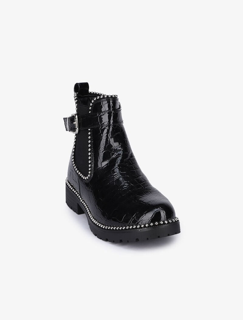 Bottines vernies effet croco à clous argentés - Noir - 3