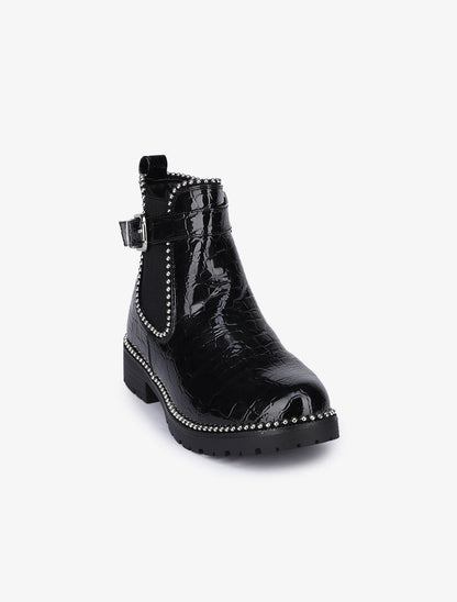 Bottines vernies effet croco à clous argentés - Noir - 3