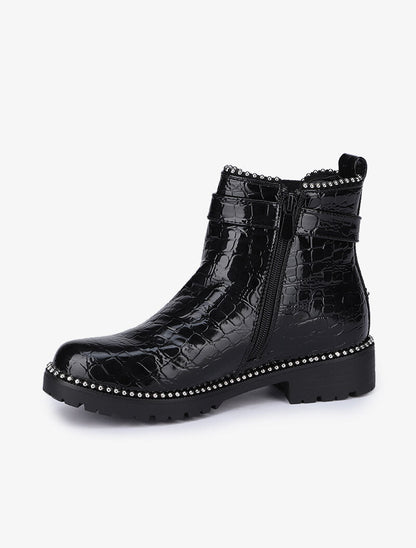 Bottines vernies effet croco à clous argentés - Noir - 4